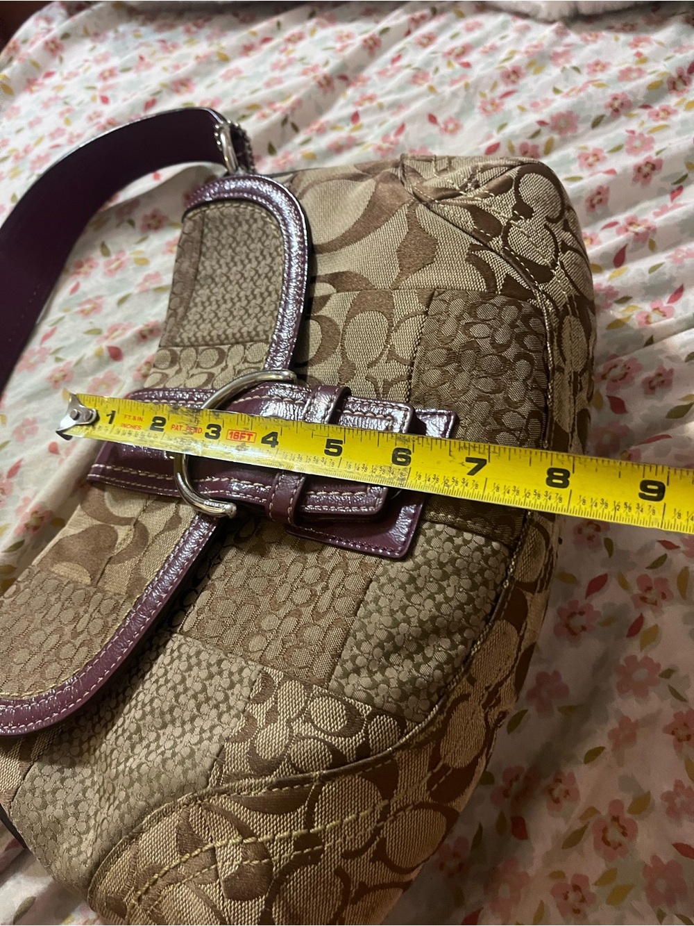 Coach Brown Signature Patchwork Shoulder Bag with Purple Trim - Picture 6 of 12